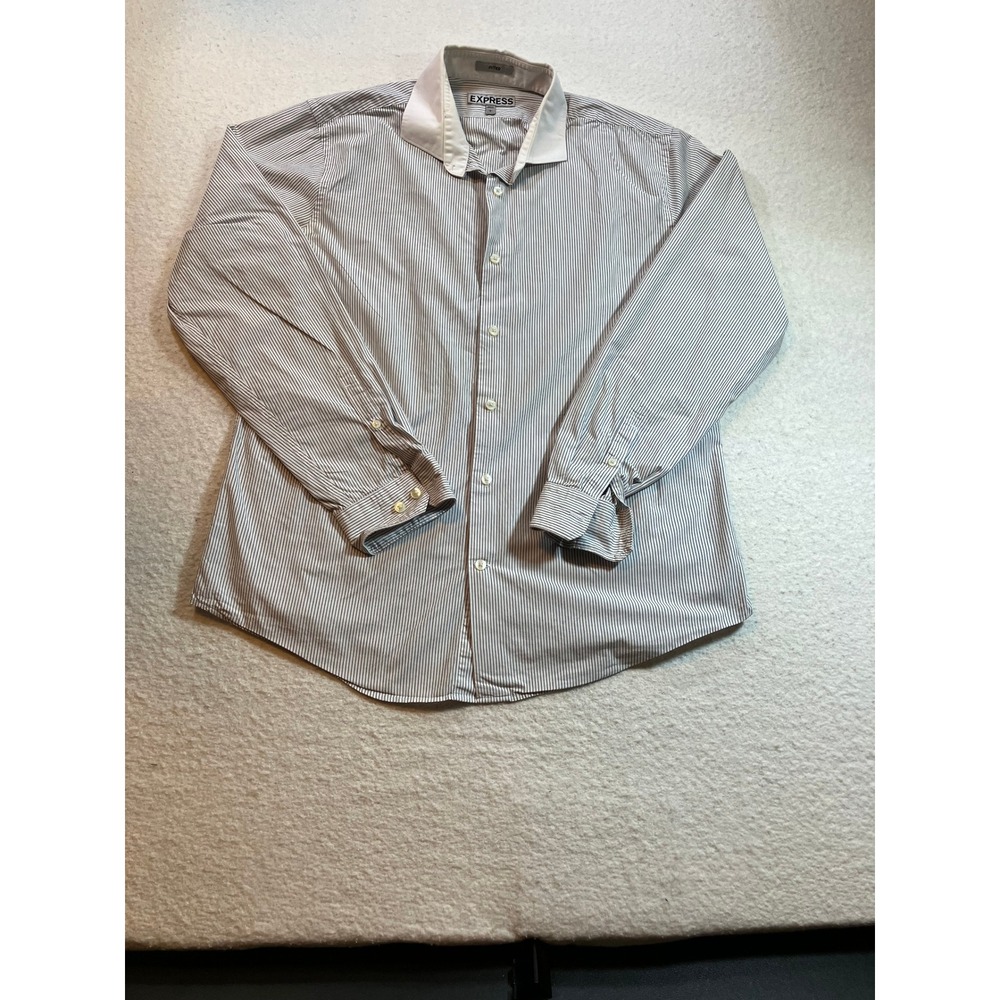 Express Mens Dress Shirt Blue White Stripe White Collar Size 16-16.5 Slim